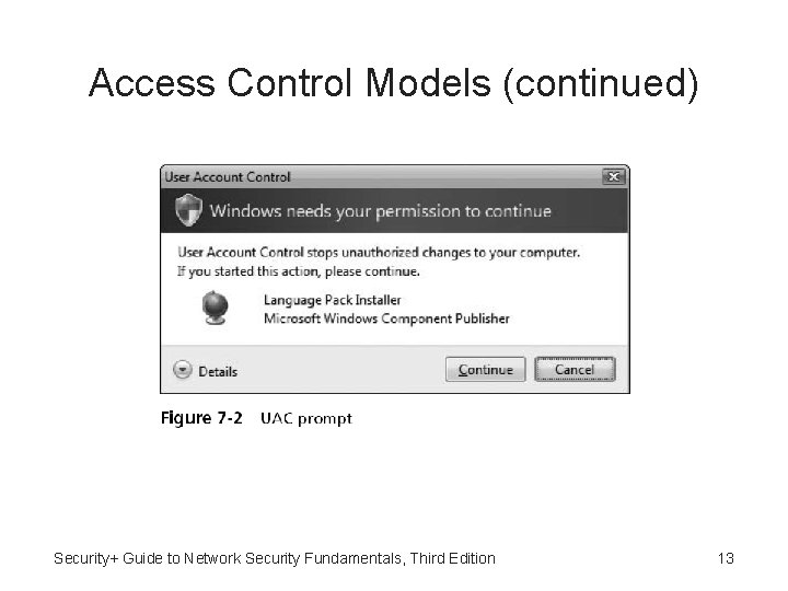 Access Control Models (continued) Security+ Guide to Network Security Fundamentals, Third Edition 13 