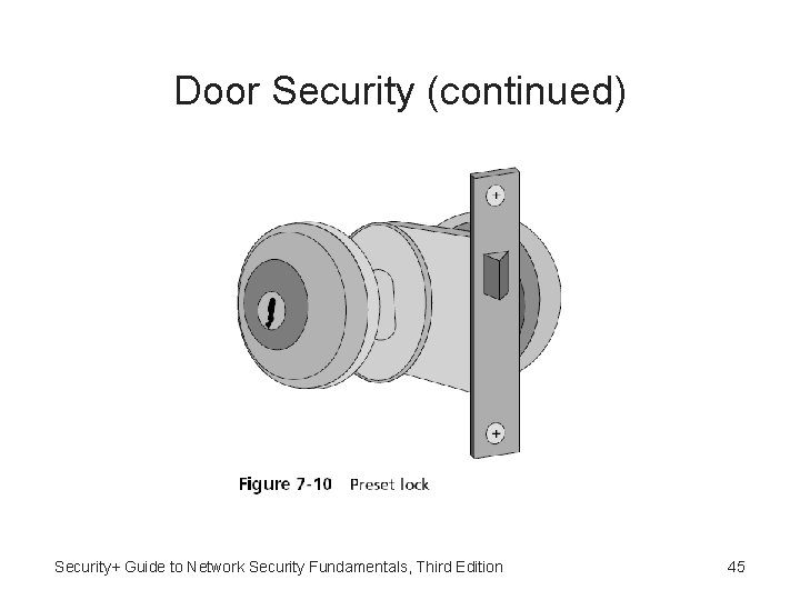 Door Security (continued) Security+ Guide to Network Security Fundamentals, Third Edition 45 