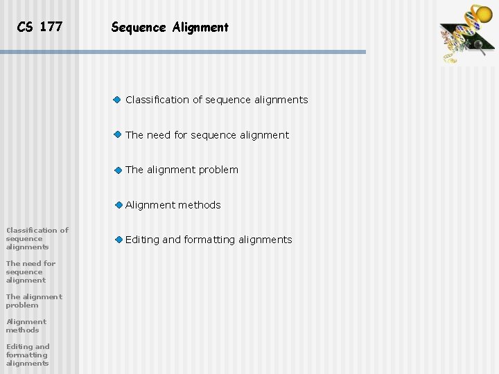 CS 177 Sequence Alignment Classification of sequence alignments The need for sequence alignment The