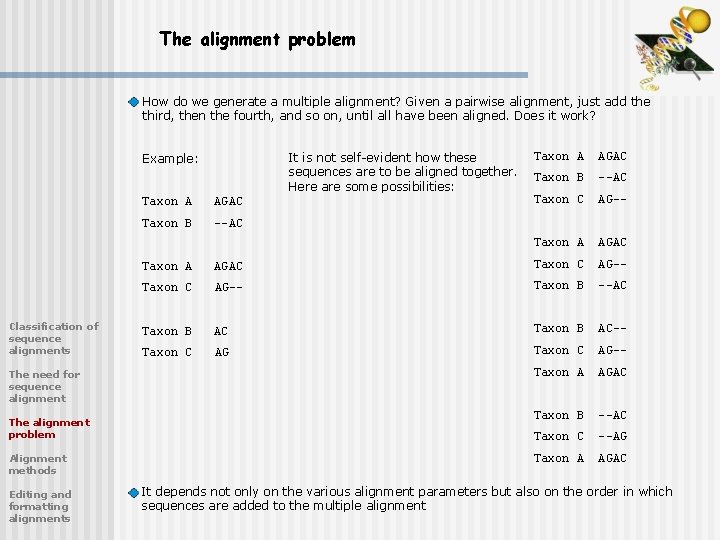 The alignment problem How do we generate a multiple alignment? Given a pairwise alignment,