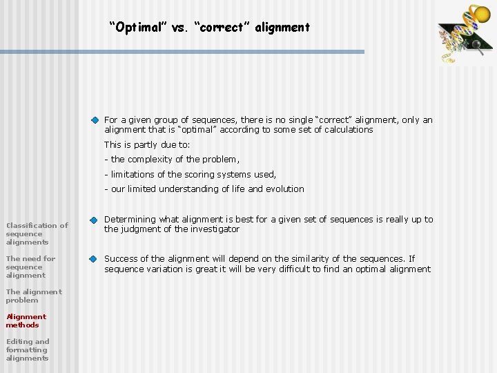 “Optimal” vs. “correct” alignment For a given group of sequences, there is no single