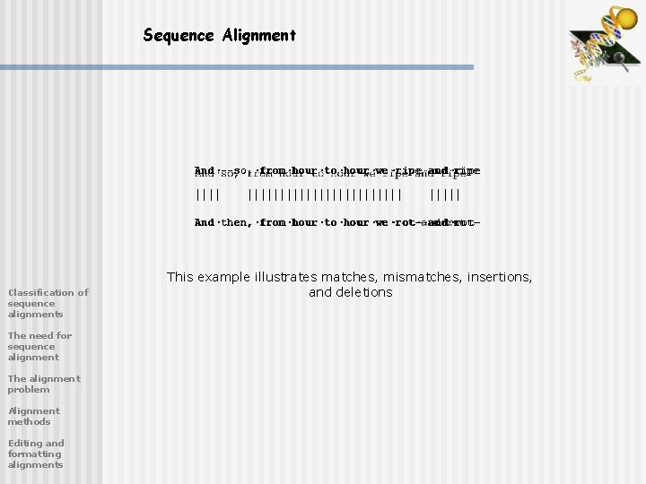 Sequence Alignment And·--so, ·from·hour·to·hour·we·r ipe·and·ripe And·--so, ·from·hour·to·hour·we·ripe·and·ripe And·then, ·from·hour·to·hour·we·rot-·and·rot. And·then, ·from·hour·to·hour·we·r ot-·and·rot- Classification of