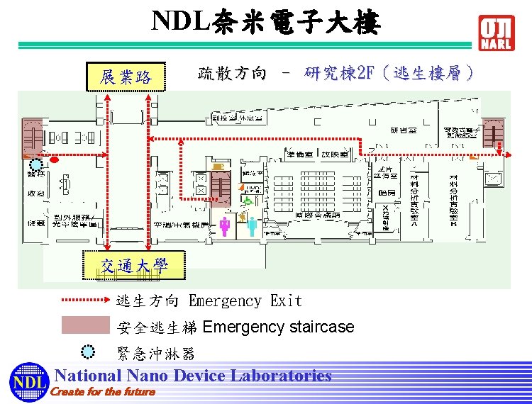 NDL奈米電子大樓 展業路 疏散方向 – 研究棟 2 F（逃生樓層） 交通大學 逃生方向 Emergency Exit 安全逃生梯 Emergency staircase