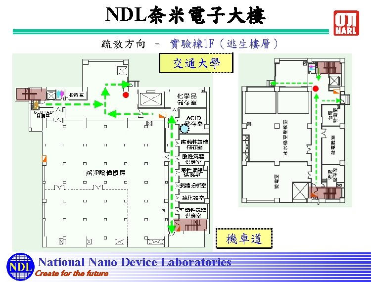 NDL奈米電子大樓 疏散方向 – 實驗棟 1 F（逃生樓層） 交通大學 機車道 National Nano Device Laboratories Create for