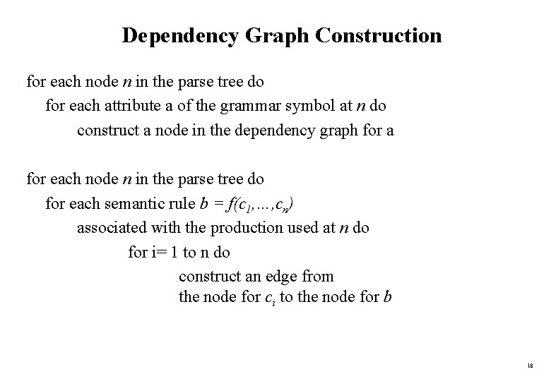 Dependency Graph Construction for each node n in the parse tree do for each