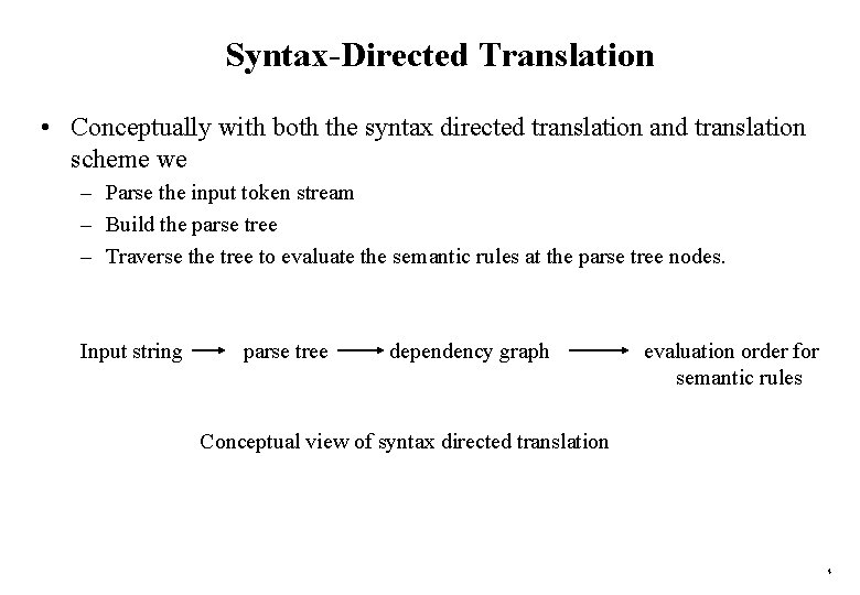 Syntax-Directed Translation • Conceptually with both the syntax directed translation and translation scheme we