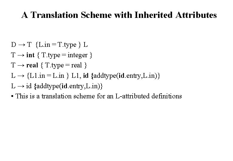 A Translation Scheme with Inherited Attributes D → T {L. in = T. type