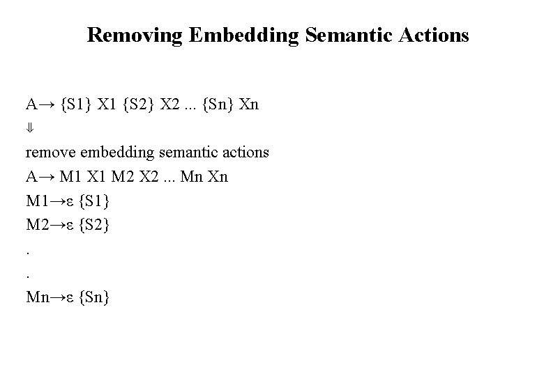 Removing Embedding Semantic Actions A→ {S 1} X 1 {S 2} X 2. .