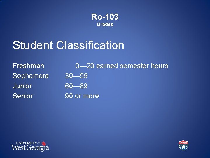Ro-103 Grades Student Classification Freshman Sophomore Junior Senior 0— 29 earned semester hours 30—