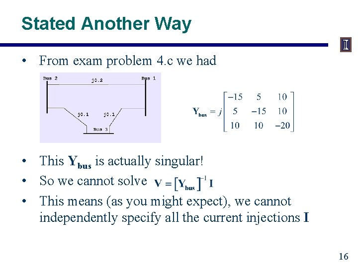Stated Another Way • From exam problem 4. c we had • This Ybus