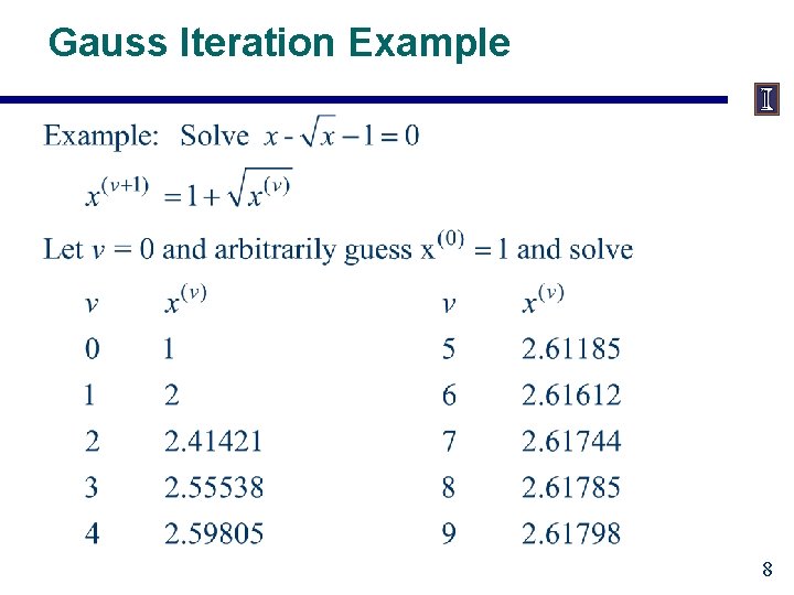 Gauss Iteration Example 8 