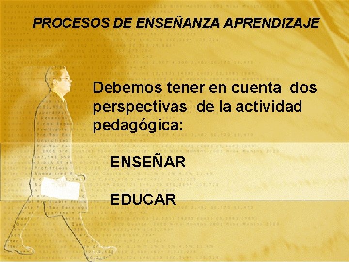 PROCESOS DE ENSEÑANZA APRENDIZAJE Debemos tener en cuenta dos perspectivas de la actividad pedagógica: