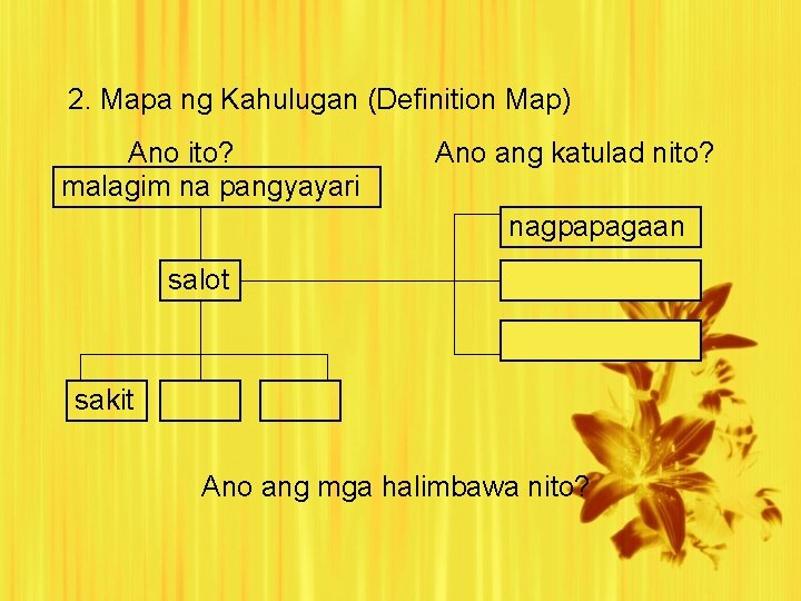 2. Mapa ng Kahulugan (Definition Map) Ano ito? malagim na pangyayari Ano ang katulad 2. Mapa ng Kahulugan (Definition Map) Ano ito? malagim na pangyayari Ano ang katulad