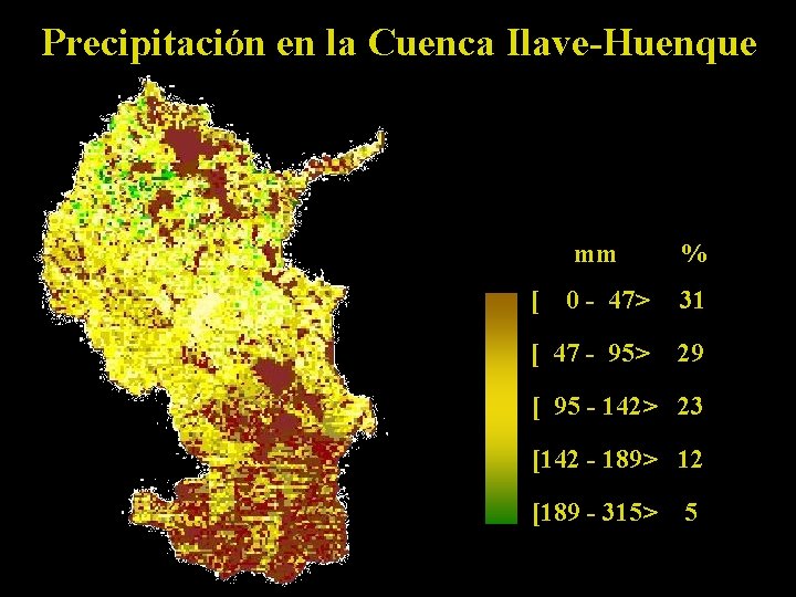 Precipitación en la Cuenca Ilave-Huenque mm [ % 0 - 47> 31 [ 47