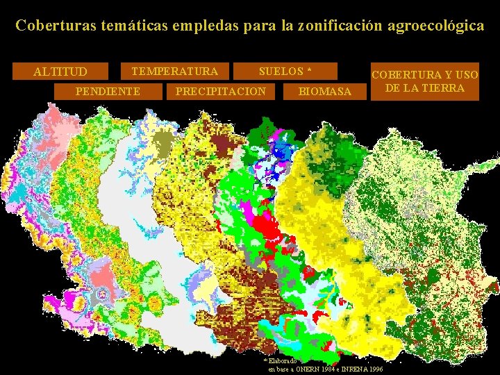 Coberturas temáticas empledas para la zonificación agroecológica ALTITUD TEMPERATURA PENDIENTE SUELOS * PRECIPITACION BIOMASA