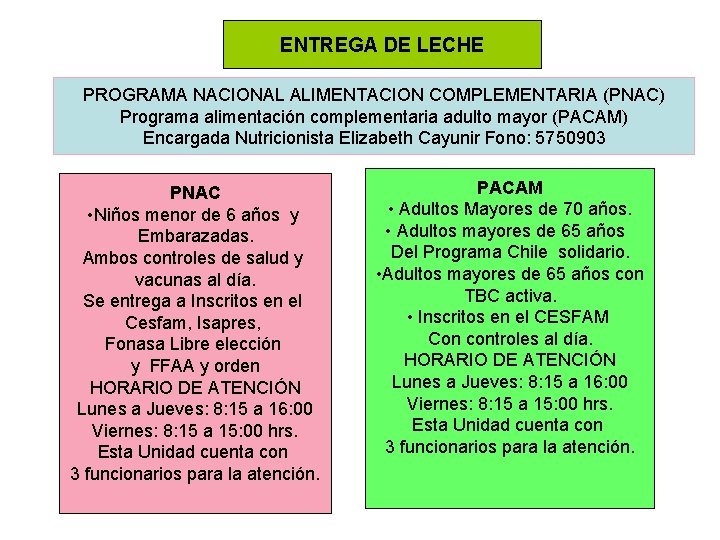 ENTREGA DE LECHE PROGRAMA NACIONAL ALIMENTACION COMPLEMENTARIA (PNAC) Programa alimentación complementaria adulto mayor (PACAM)