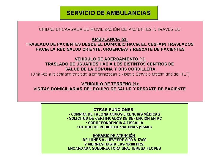 SERVICIO DE AMBULANCIAS UNIDAD ENCARGADA DE MOVILIZACIÓN DE PACIENTES A TRAVES DE: AMBULANCIA (2):