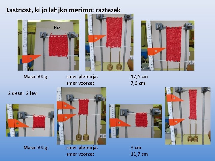 Lastnost, ki jo lahjko merimo: raztezek Riž Masa 600 g: smer pletenja: smer vzorca: