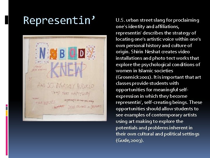 Representin’ U. S. urban street slang for proclaiming one's identity and affiliations, representin' describes Representin’ U. S. urban street slang for proclaiming one's identity and affiliations, representin' describes