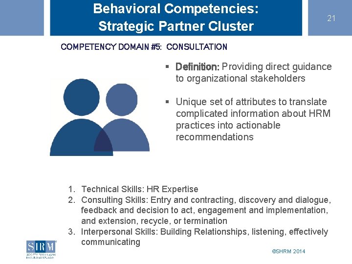 Behavioral Competencies: Strategic Partner Cluster 21 COMPETENCY DOMAIN #5: CONSULTATION § Definition: Providing direct