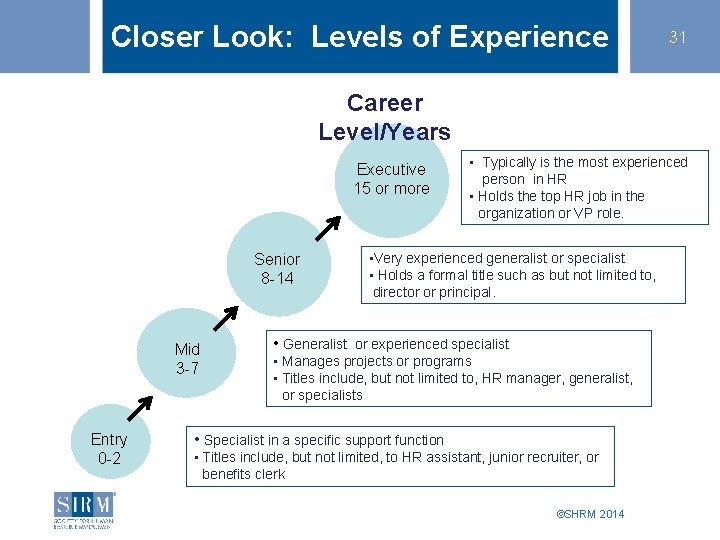 Closer Look: Levels of Experience 31 Career Level/Years Executive 15 or more Senior 8