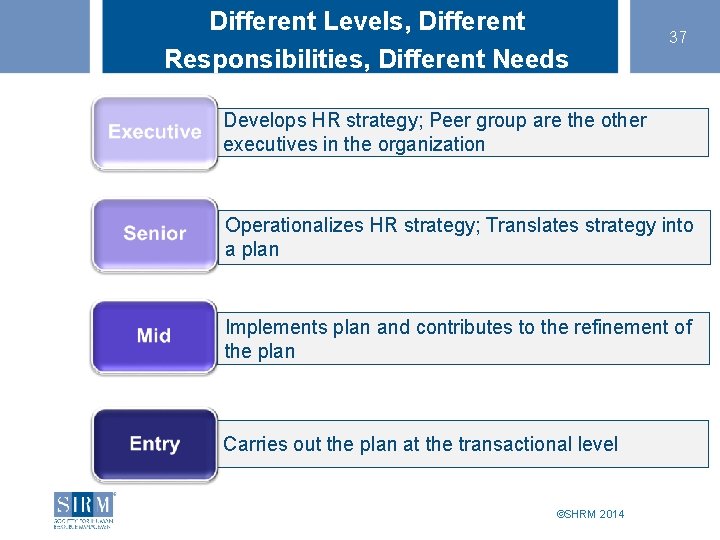 Different Levels, Different Responsibilities, Different Needs 37 Develops HR strategy; Peer group are the