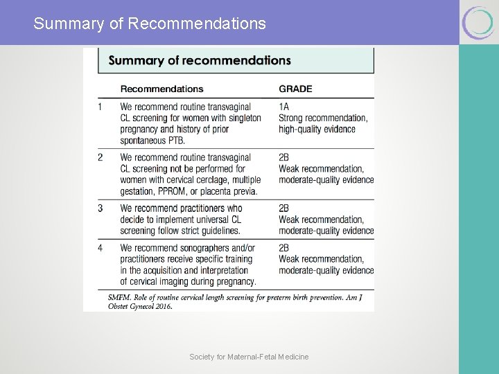 Summary of Recommendations Society for Maternal-Fetal Medicine 