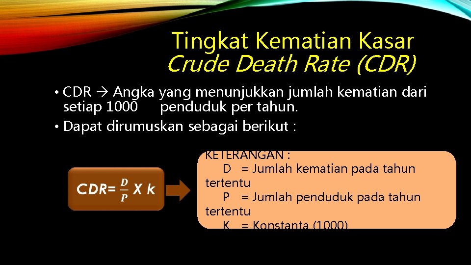 Tingkat Kematian Kasar Crude Death Rate (CDR) • CDR Angka yang menunjukkan jumlah kematian