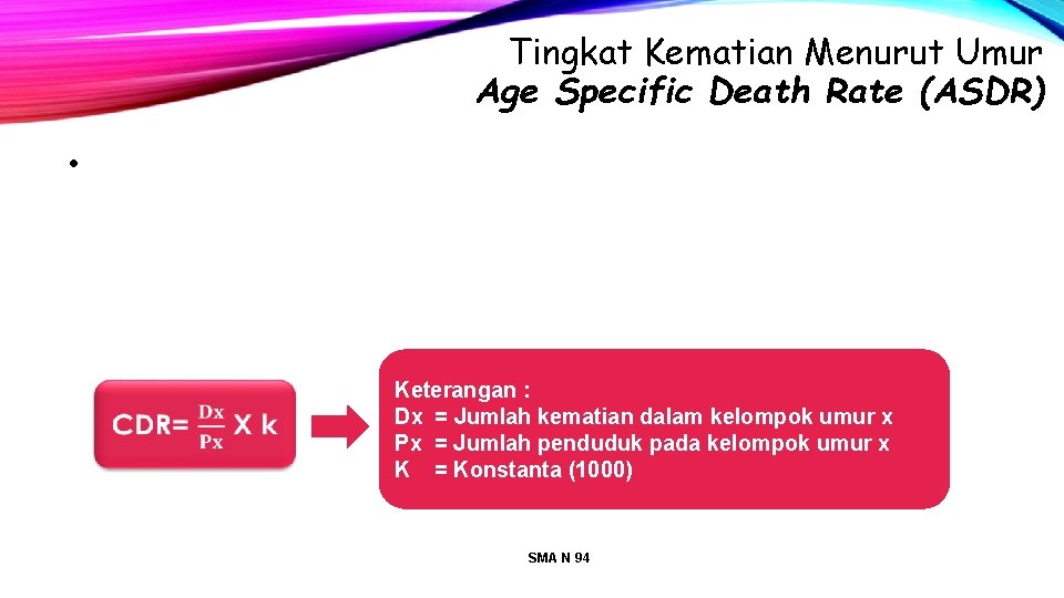 Tingkat Kematian Menurut Umur Age Specific Death Rate (ASDR) • Keterangan : Dx =