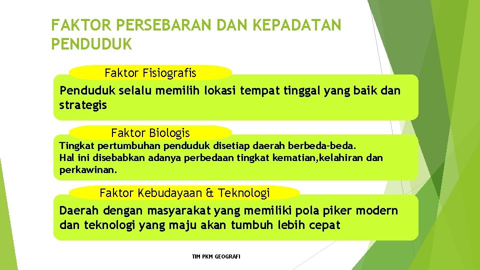 FAKTOR PERSEBARAN DAN KEPADATAN PENDUDUK Faktor Fisiografis Penduduk selalu memilih lokasi tempat tinggal yang