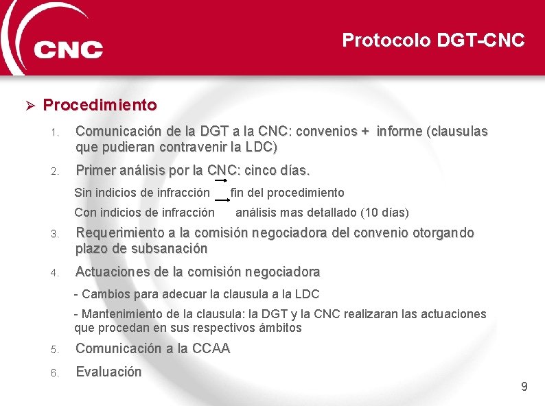 Protocolo DGT-CNC Ø Procedimiento 1. Comunicación de la DGT a la CNC: convenios +