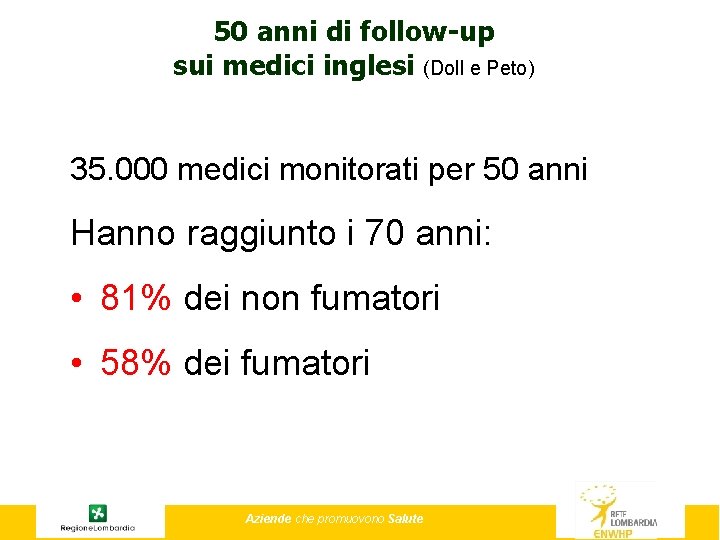 50 anni di follow-up sui medici inglesi (Doll e Peto) 35. 000 medici monitorati