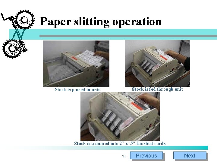 Paper slitting operation Stock is fed through unit Stock is placed in unit Stock Paper slitting operation Stock is fed through unit Stock is placed in unit Stock