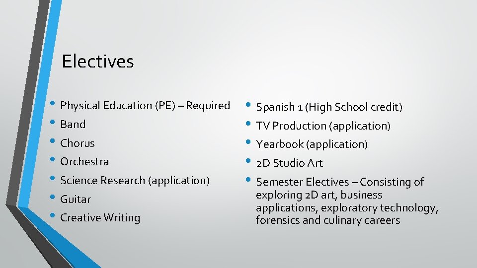 Electives • Physical Education (PE) – Required • Band • Chorus • Orchestra •