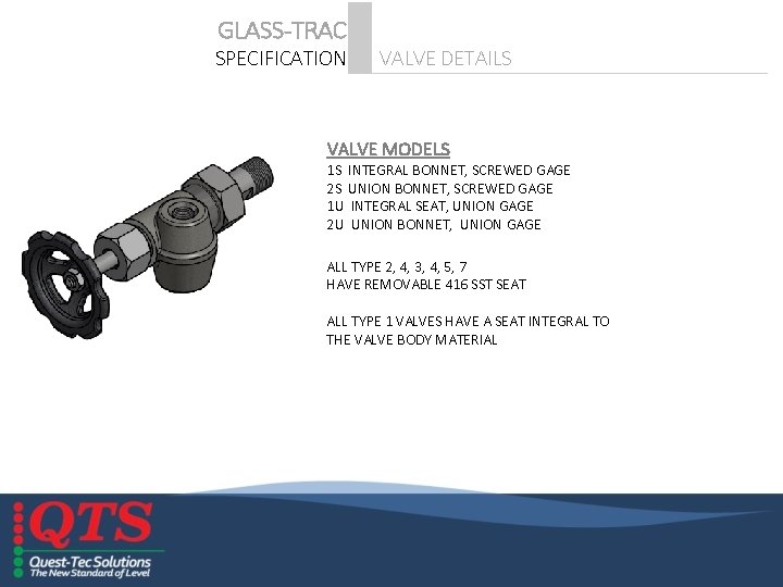 GLASS-TRAC SPECIFICATION VALVE DETAILS VALVE MODELS 1 S INTEGRAL BONNET, SCREWED GAGE 2 S