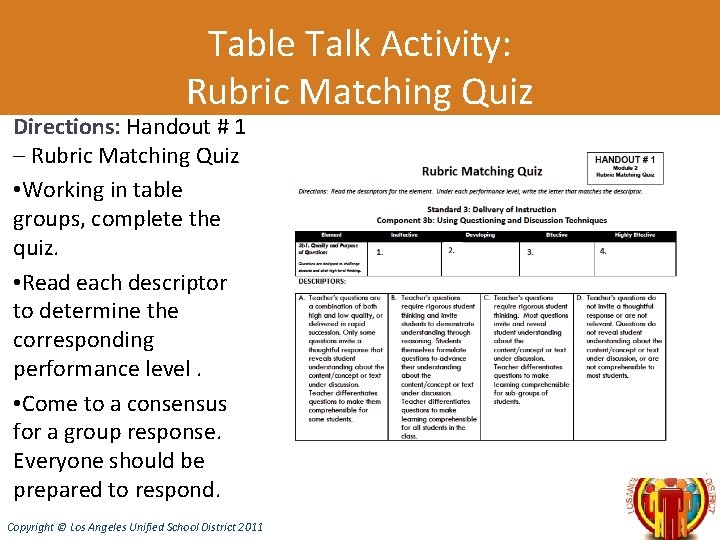 Table Talk Activity: Rubric Matching Quiz Directions: Handout # 1 – Rubric Matching Quiz