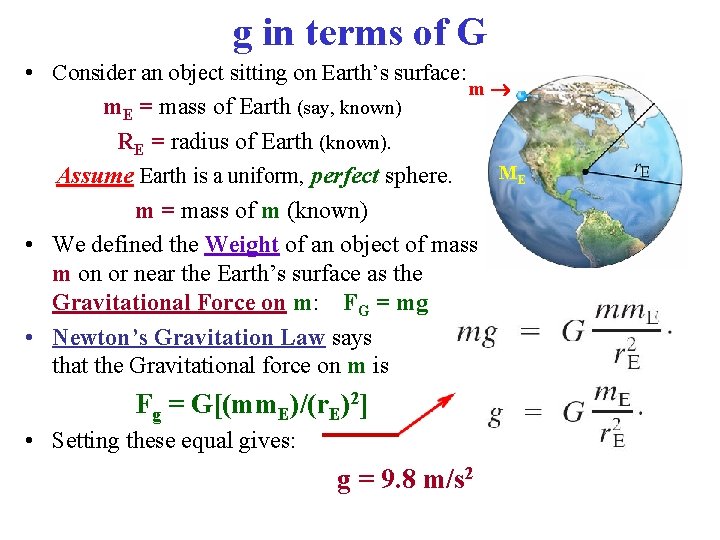 g in terms of G • Consider an object sitting on Earth’s surface: m g in terms of G • Consider an object sitting on Earth’s surface: m