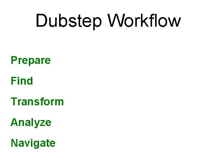 Dubstep Workflow Prepare Find Transform Analyze Navigate 