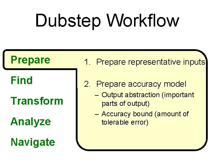 Dubstep Workflow Prepare 1. Prepare representative inputs Find 2. Prepare accuracy model Transform Analyze