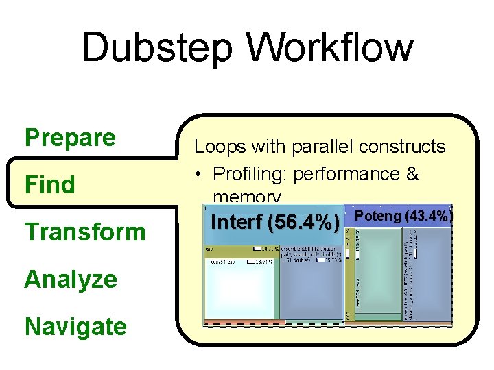 Dubstep Workflow Prepare Find Transform Analyze Navigate Loops with parallel constructs • Profiling: performance