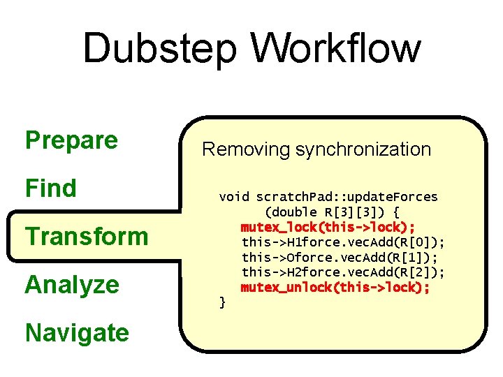 Dubstep Workflow Prepare Find Transform Analyze Navigate Removing synchronization void scratch. Pad: : update.