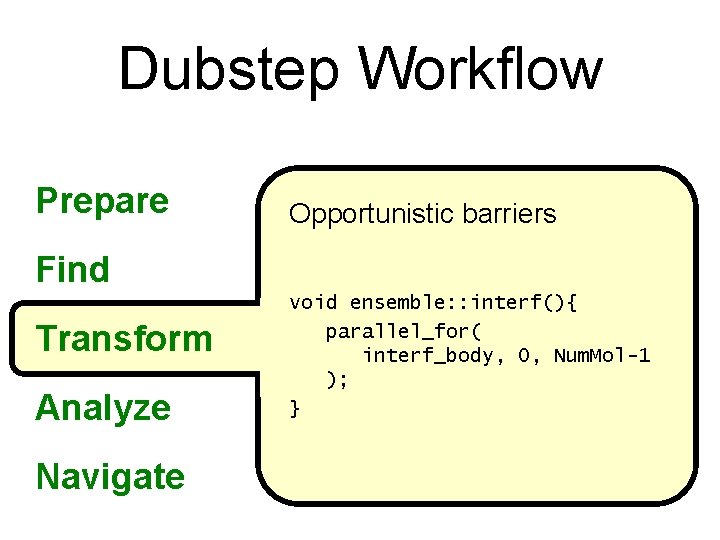 Dubstep Workflow Prepare Opportunistic barriers Find Transform Analyze Navigate void ensemble: : interf(){ parallel_for(