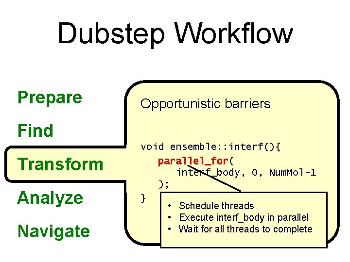 Dubstep Workflow Prepare Opportunistic barriers Find Transform Analyze Navigate void ensemble: : interf(){ parallel_for(