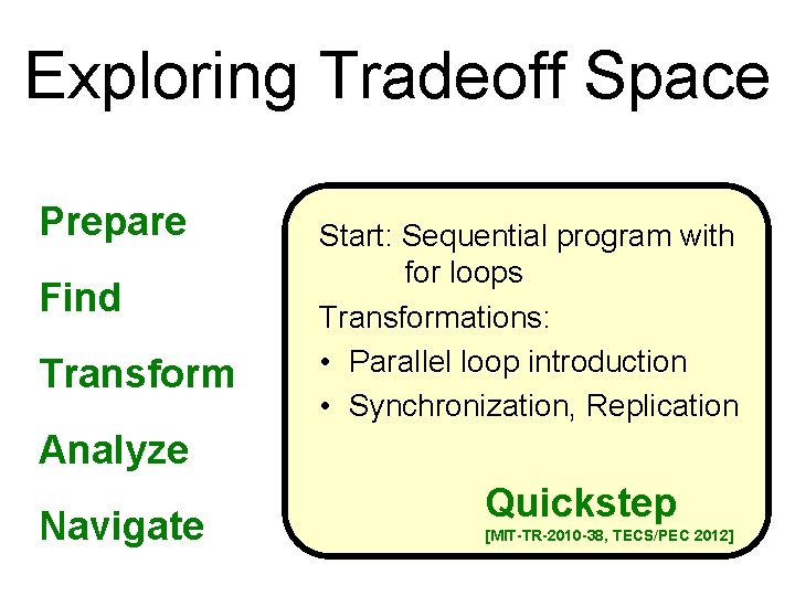 Exploring Tradeoff Space Prepare Find Transform Start: Sequential program with for loops Transformations: •