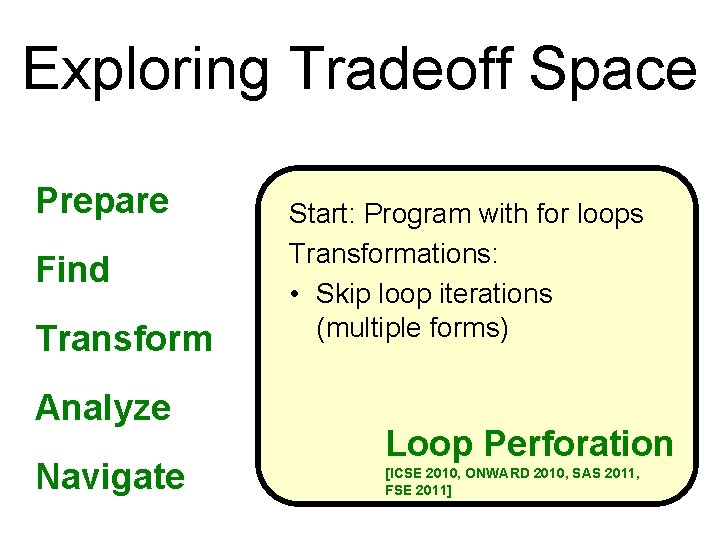 Exploring Tradeoff Space Prepare Find Transform Analyze Navigate Start: Program with for loops Transformations: