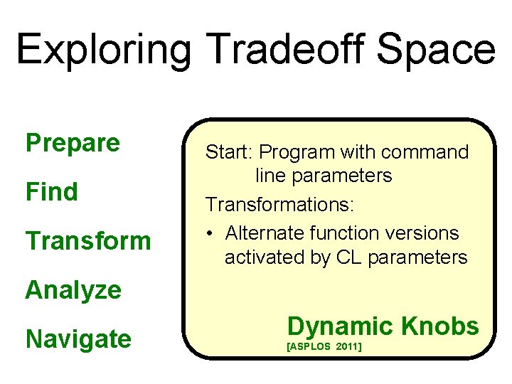 Exploring Tradeoff Space Prepare Find Transform Start: Program with command line parameters Transformations: •