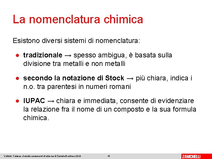 La nomenclatura chimica Esistono diversi sistemi di nomenclatura: ● tradizionale → spesso ambigua, è