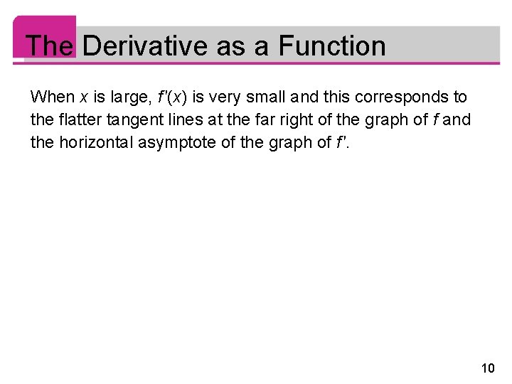 The Derivative as a Function When x is large, f ′(x) is very small