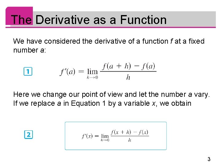 The Derivative as a Function We have considered the derivative of a function f