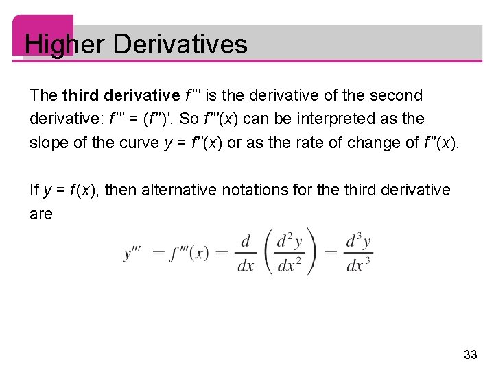 Higher Derivatives The third derivative f ′′′ is the derivative of the second derivative: